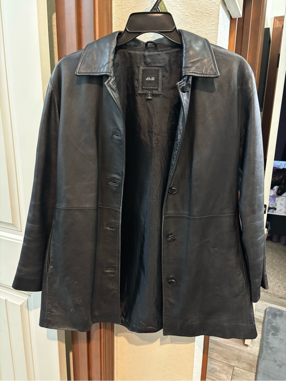 Women’s Black Leather Trench Coat - Classic Button Front